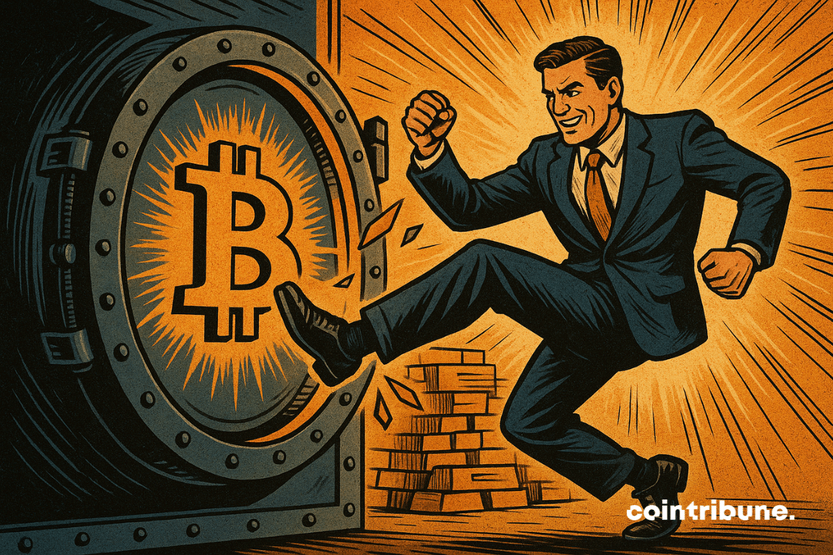 Sala futurista com painéis no estilo dos anos 70. Um investidor de Bitcoin em pânico observa um cofre digital sendo esvaziado.