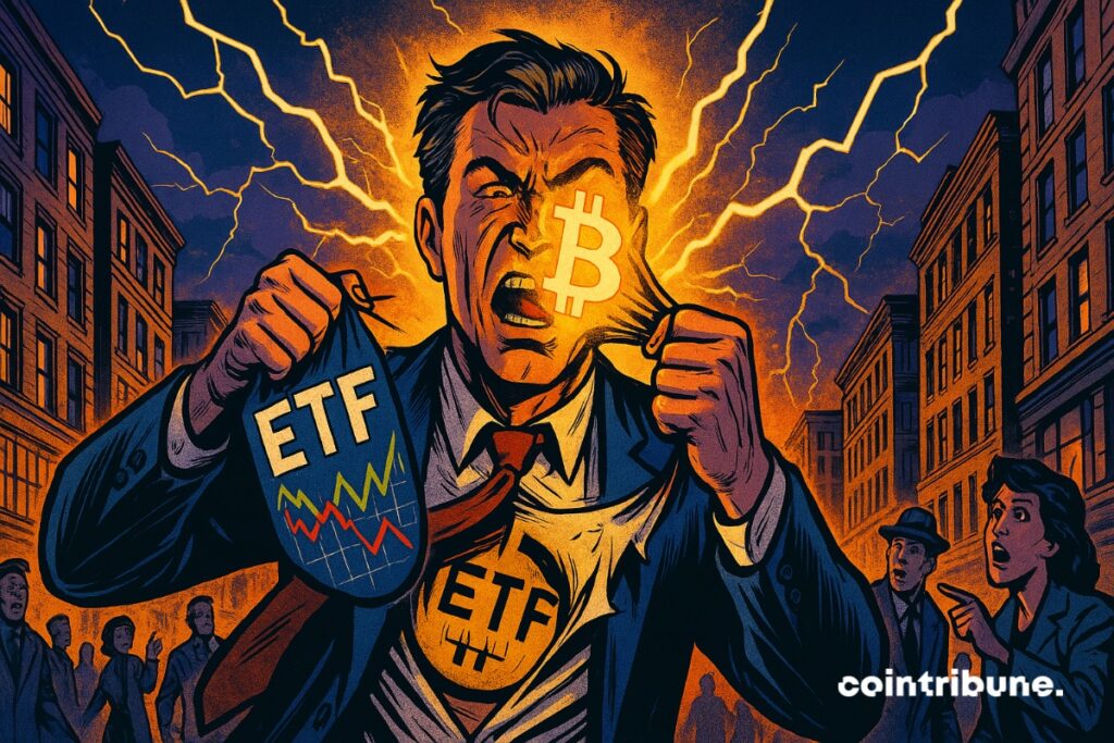 Um investidor arrancando uma máscara para revelar Bitcoin, com dados de ETF em mãos. Ele está perturbado.
