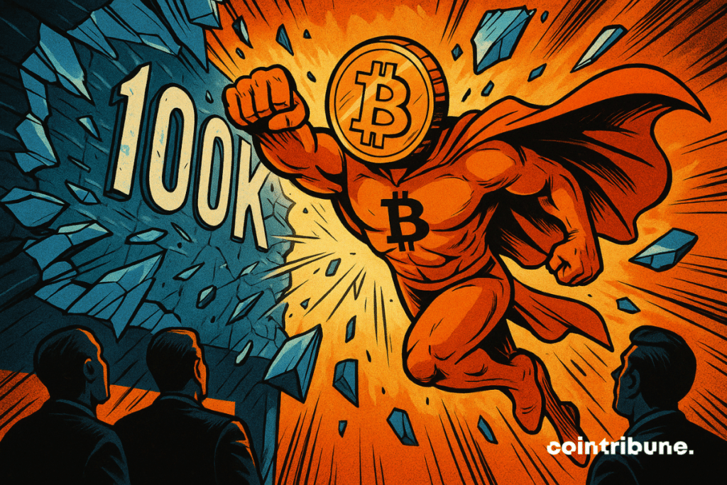 Tomada aberta em ângulo baixo de um personagem humanoide do tipo super-herói com uma moeda Bitcoin quebrando uma parede de vidro rotulada "100K" (em números).