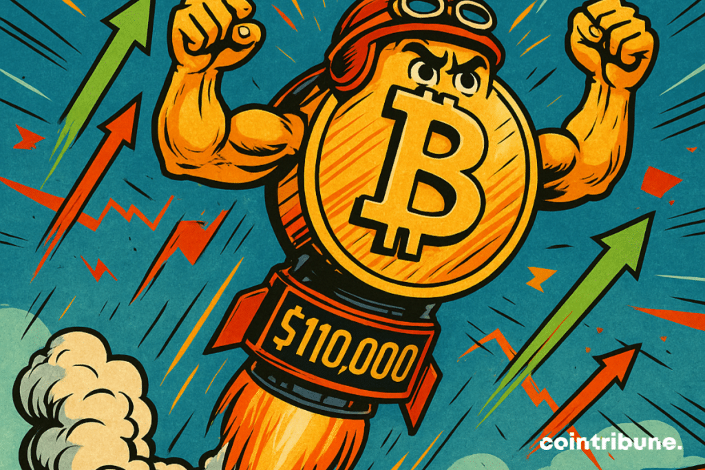 Vista de ângulo baixo, céu azul elétrico ao fundo. Um Bitcoin gigante (personificado, com braços musculosos e capacete de piloto) impulsionado como um foguete.
