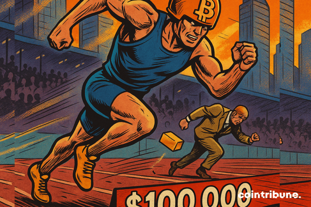 Um atleta humanoide com um capacete dourado estampado com o logotipo do Bitcoin, correndo explosivamente em direção a uma linha de chegada marcada como “100.000”.