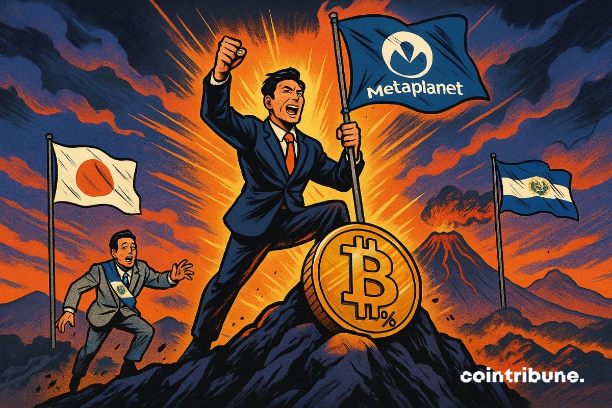 CEO da Metaplanet no topo de uma montanha com a bandeira da Metaplanet e uma grande moeda de bitcoin a seus pés. No sopé da montanha, um oficial salvadorenho sobrecarregado.