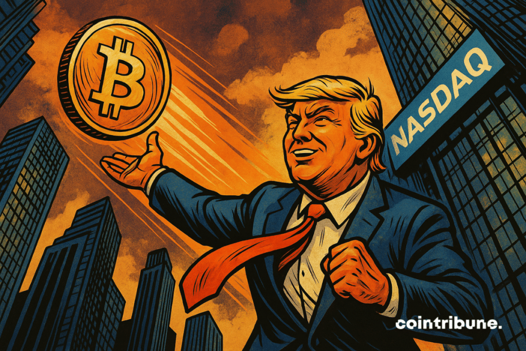 Donald Trump stylisé en super-héros businessman, costume bleu, cravate rouge flottante. Bras tendu en avant, comme s’il lançait une pièce géante de Bitcoin vers le ciel.