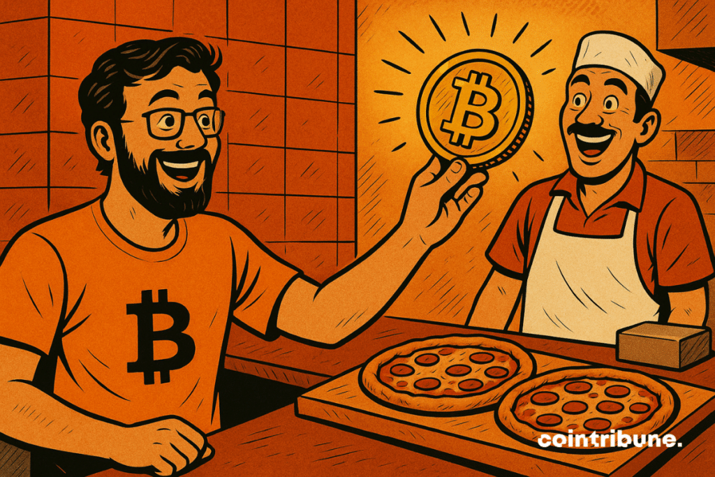 Laszlo Hanyecz, vestindo uma camiseta com o logotipo do Bitcoin, sorri para um vendedor de pizzas, ambos sorridentes enquanto exibem orgulhosamente o símbolo do Bitcoin.