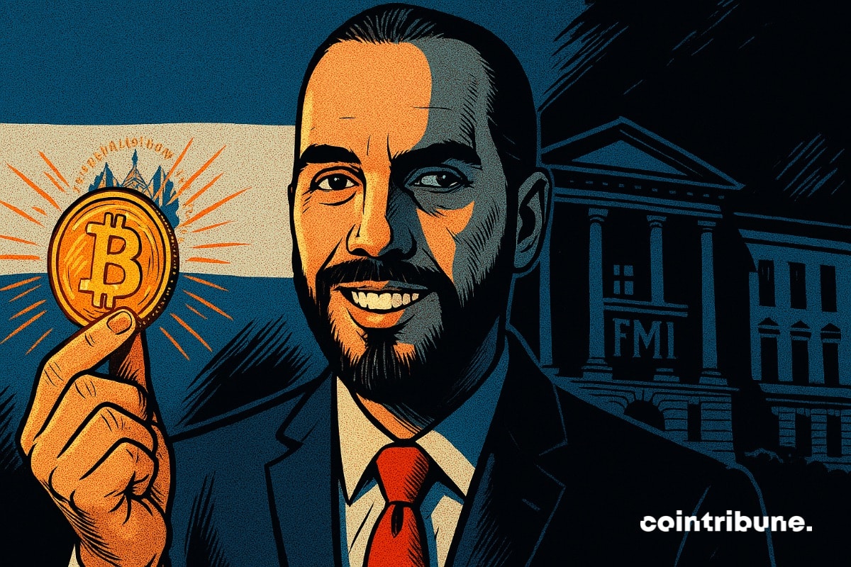 Nayib Bukele em frente ao prédio do FMI segurando uma moeda bitcoin, com a bandeira de El Salvador ao lado dele.