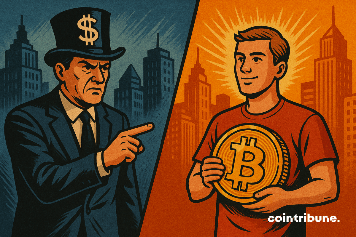 Um operador institucional em trajes de entrega financeira aponta para um Saylor despreocupado, com sua moeda de Bitcoin na mão