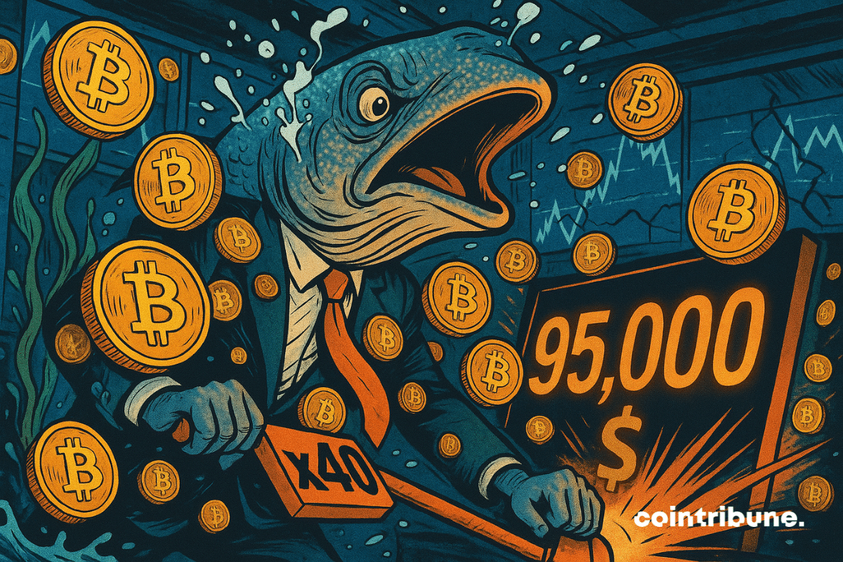Homme en costume-cravate, mais avec une tête de baleine stylisée à la manière comics ; posture penchée sur un écran entouré des pièces de bitcoin.
