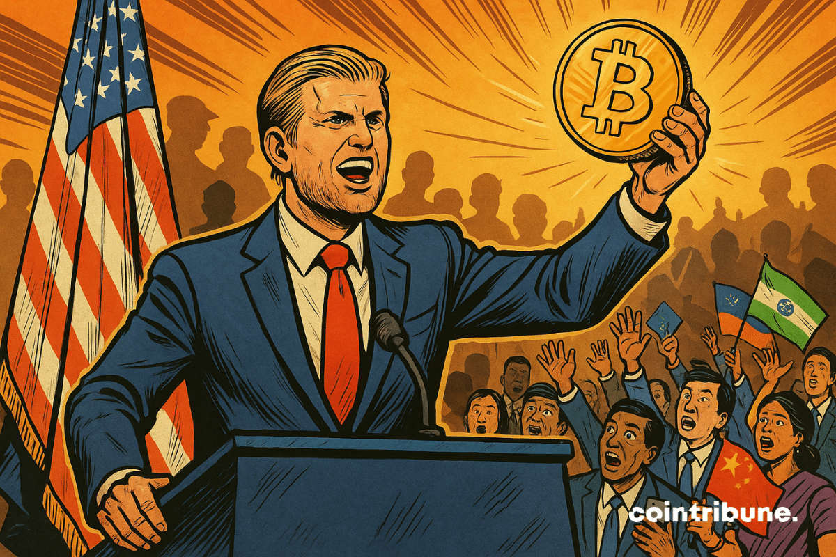 Luxuosa sala de imprensa no estilo da Casa Branca, com um ângulo ligeiramente baixo para dar poder a Eric Trump. Em pé atrás de um púlpito, com o braço estendido, segurando uma moeda gigante de Bitcoin.