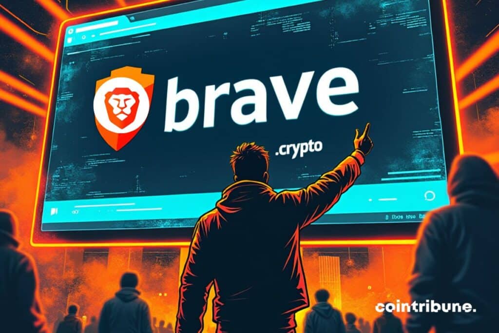 Um usuário do Brave apontando para uma tela exibe o Brave Cripto Browser.