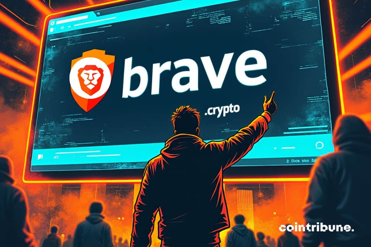 Um usuário do Brave apontando para uma tela exibe o Brave Cripto Browser.