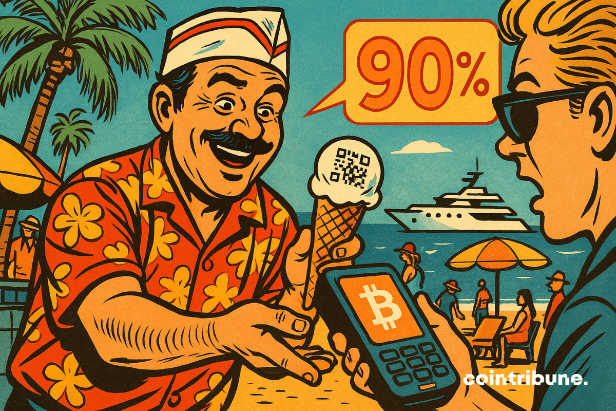 Terraço ensolarado na Croisette, foto média com um leve ângulo. Um sorveteiro de Cannes, de bigode e camisa havaiana, segura um terminal de pagamento de criptomoedas com o logotipo do Bitcoin visível.
