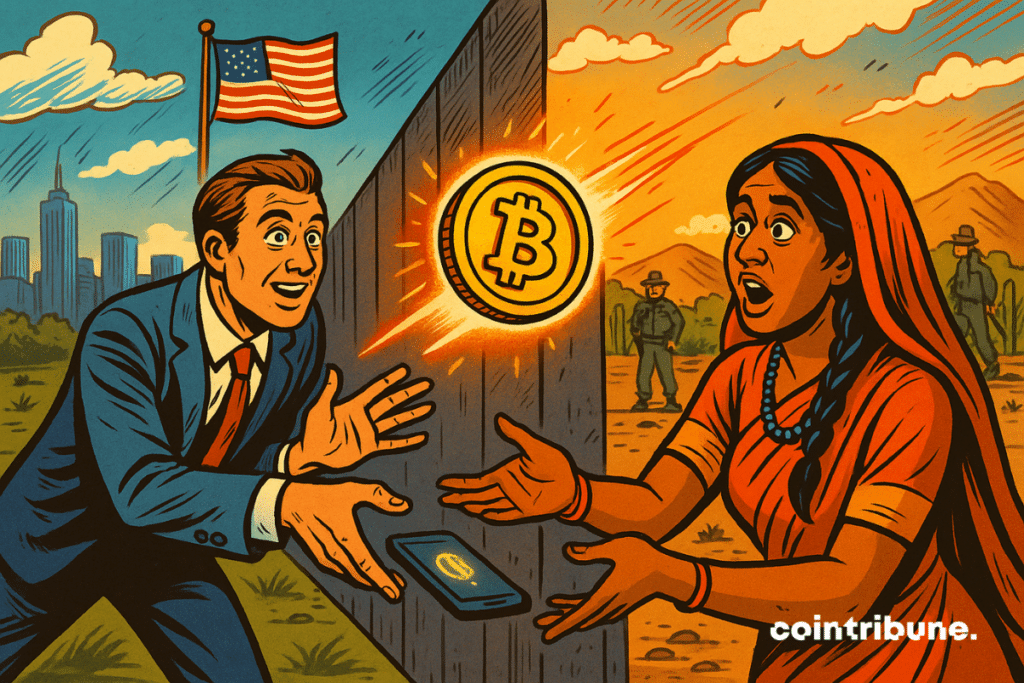 Um homem de terno envia criptomoeda BTC através de um muro de fronteira para uma mulher em trajes tradicionais
