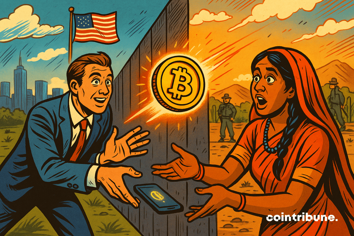 Um homem de terno envia criptomoeda BTC através de um muro de fronteira para uma mulher em trajes tradicionais