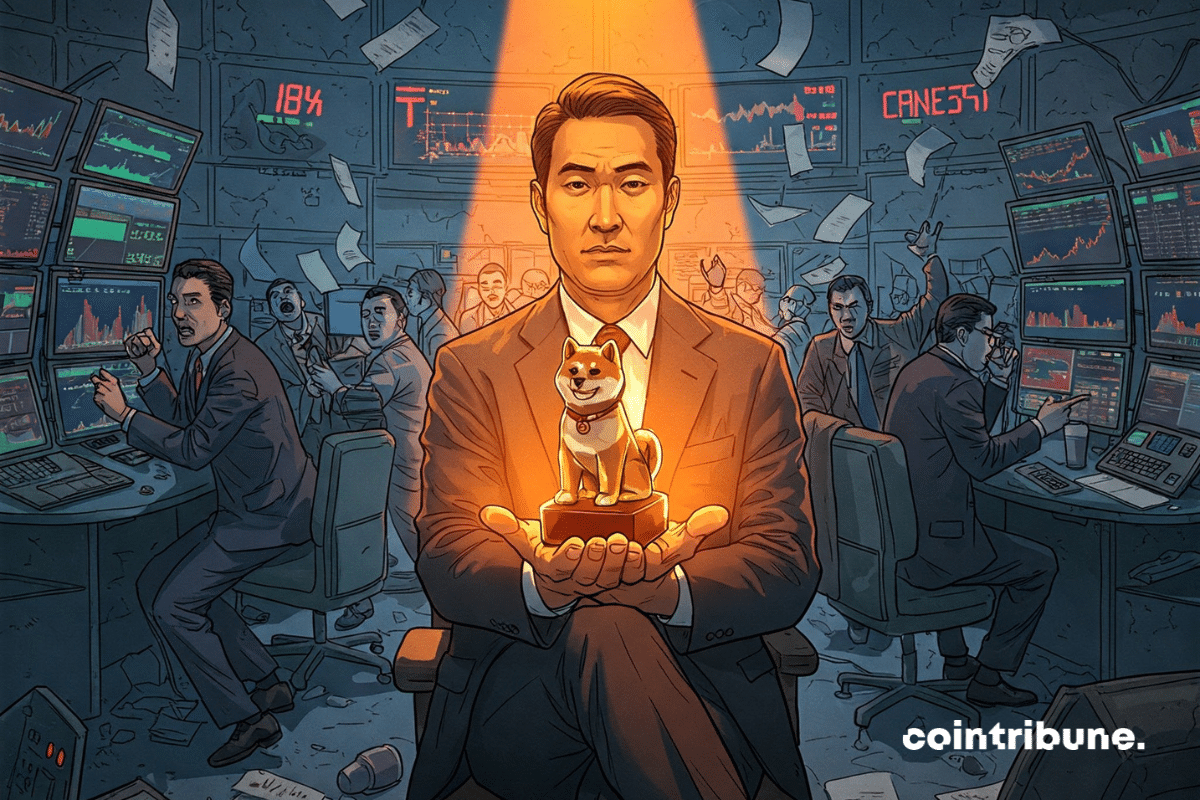 Una caótica sala de negociación con un confiado inversor en criptomonedas que sostiene una estatuilla de Shiba