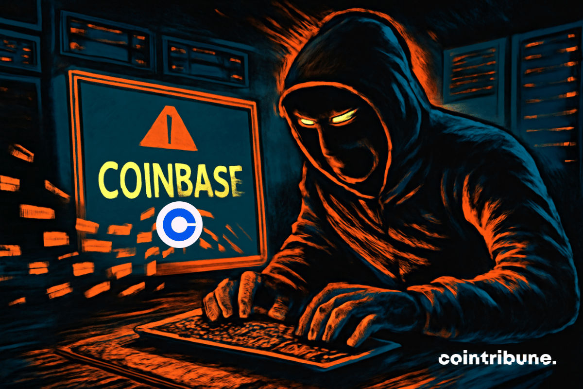 Sala de servidores da Coinbase com fileiras de máquinas retrô e luzes indicadoras laranja. Um hacker com uma máscara de viseira retrô, digitando freneticamente em um teclado.