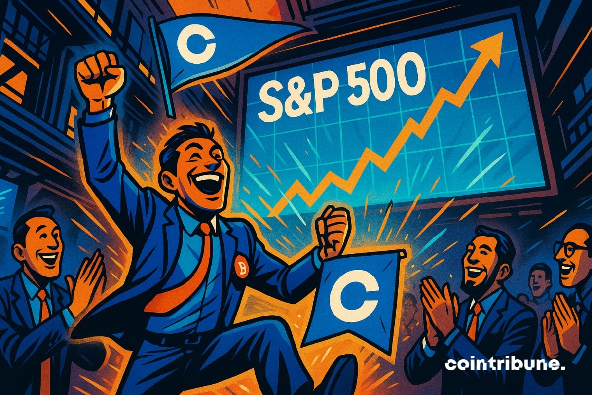 Um representante da Coinbase na bolsa de valores de Wall Street pula de alegria quando a Coinbase se junta ao S&P 500.