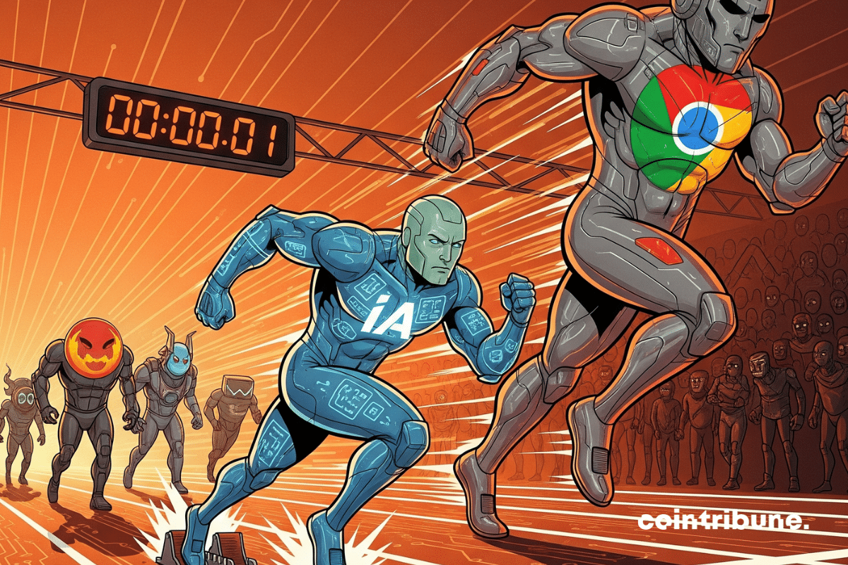 Android com IA pronto para correr, dominando o Chrome em uma corrida futurista
