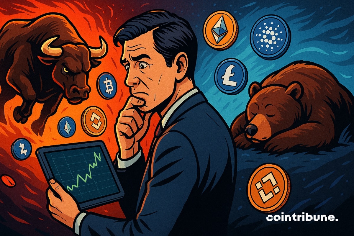 Um analista de criptomoedas com seu tablet está olhando para um gráfico e se perguntando qual direção a Altseason de 2025 tomará. Um touro bravo está na frente dele, e um urso adormecido está na frente dele.