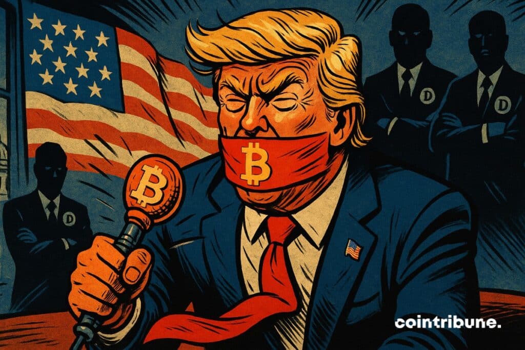 Donald Trump está amordaçado com uma fita com o logotipo do Bitcoin. Ele está furioso porque os democratas que o apoiam se recusam a deixá-lo falar sobre cripto.