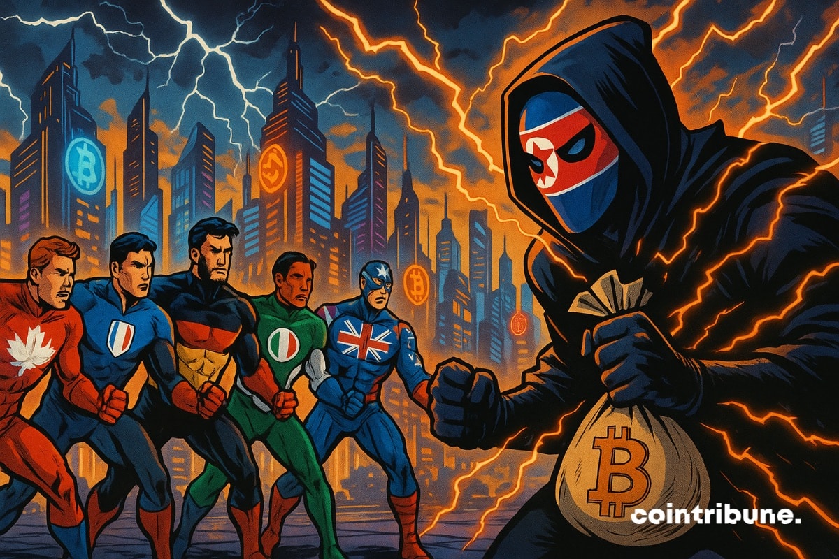 Os membros do G7 como super-heróis que combatem um mecânico na máscara da Corée du Nord que voe des cryptos.