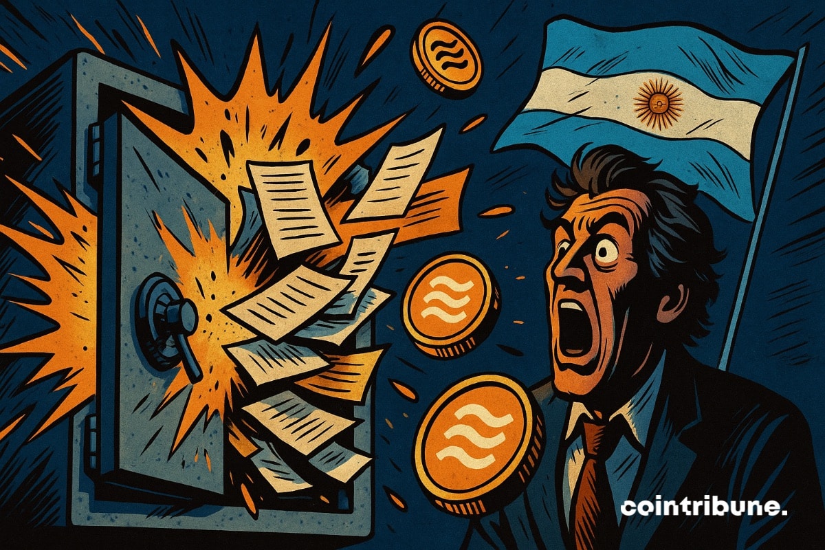 Javier Milei, presidente da Argentina, que testemunha a explosão do cofre de seu banco pelos tribunais. Criptomoedas e documentos LIBRA são retirados do cofre.