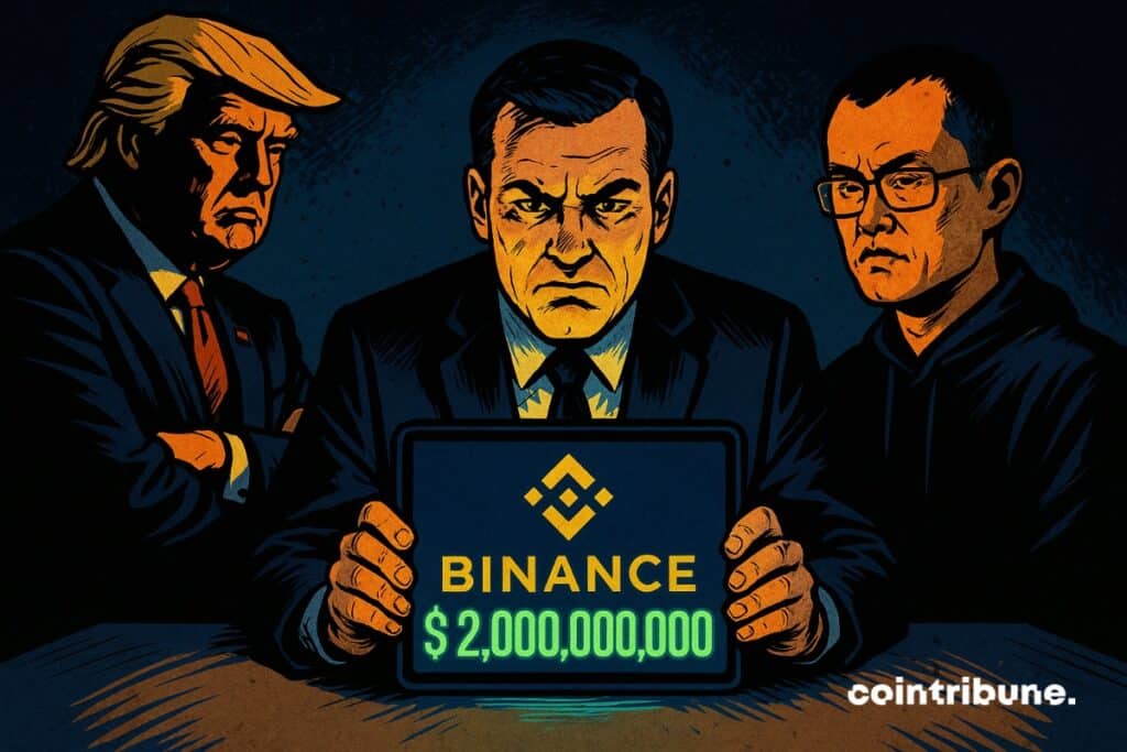 Donald Trump e o ex-CEO da Binance, Changpeng Zhao, enfrentam um agente federal que mostra uma transação suspeita de US$ 2 bilhões.
