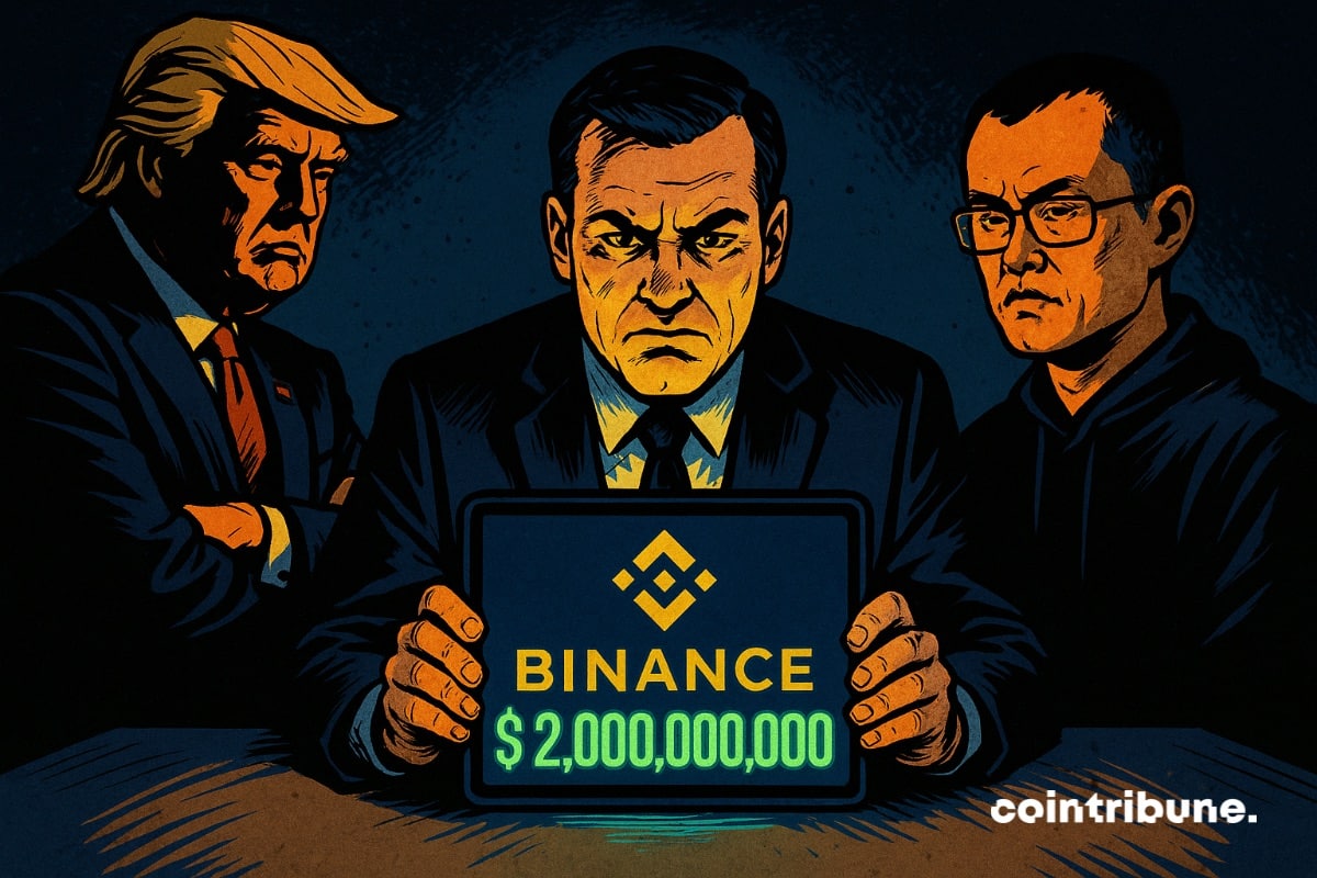 Donald Trump e o ex-CEO da Binance, Changpeng Zhao, enfrentam um agente federal que mostra uma transação suspeita de US$ 2 bilhões.