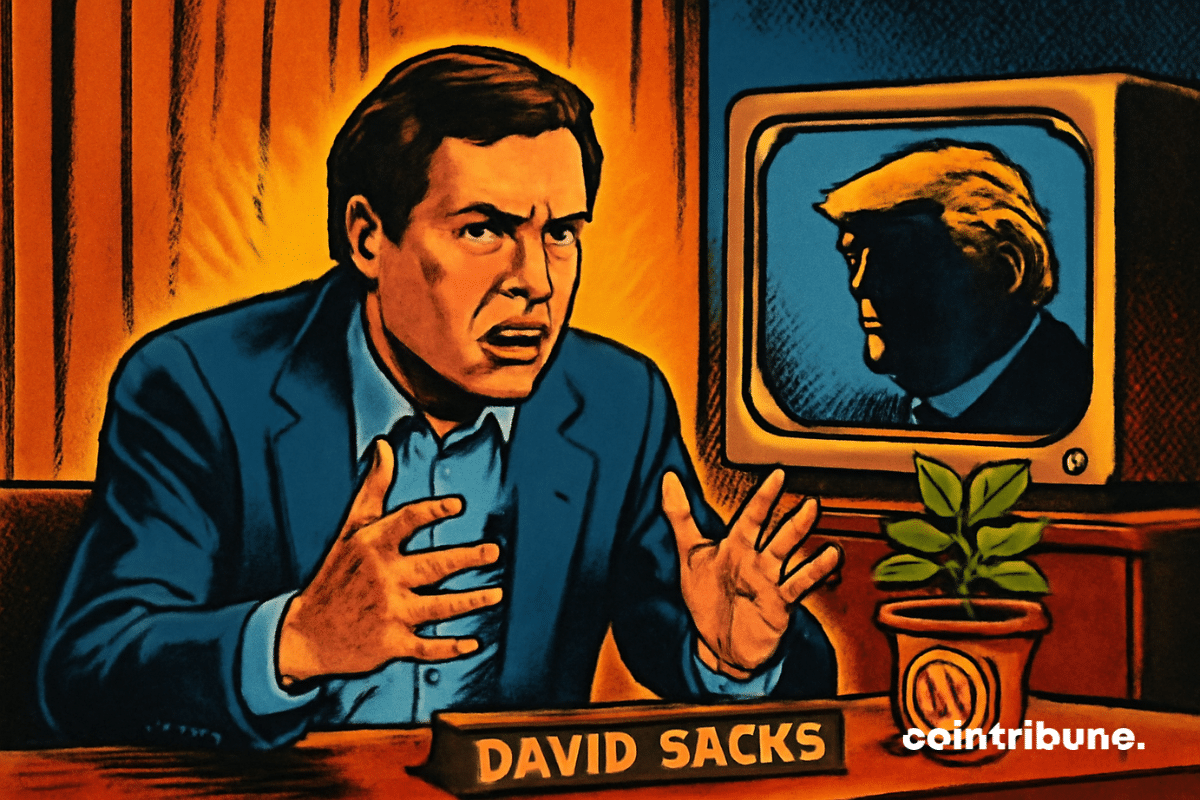 Um homem de terno sentado em uma mesa com um display onde se lê "David Sacks". Uma TV com o rosto de Trump.