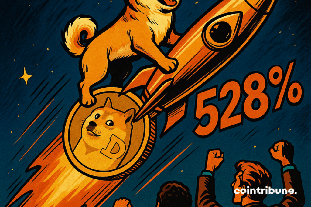 A low-angle shot of a star-filled night sky. The Shiba Inu stands on a giant Dogecoin coin like a launch pad. Chest puffed out, confident smile, wind blowing through its fur.