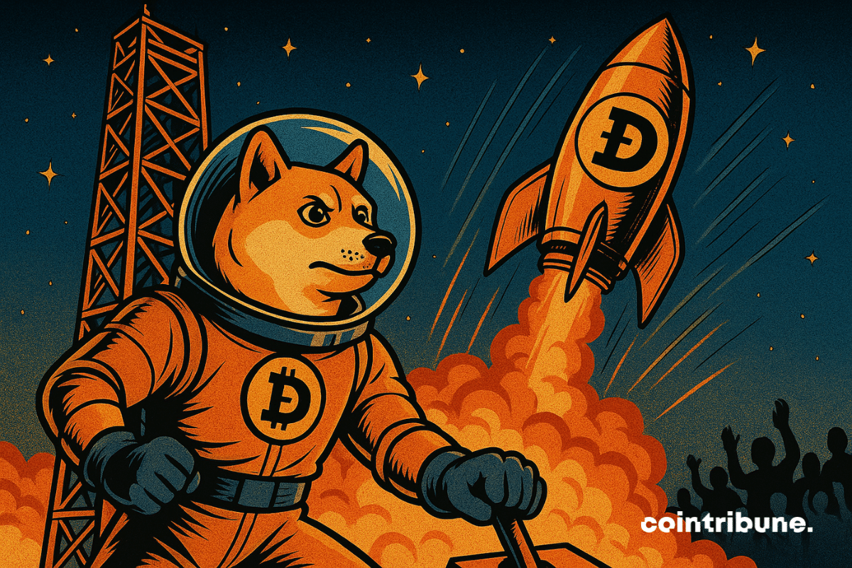 Um Shiba Inu em um traje espacial está pronto para decolar enquanto um foguete com o logotipo da Dogecoin sobe em direção ao céu estrelado, sob os aplausos da multidão.