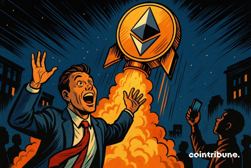 Um foguete Ethereum sobe no céu, e um investidor de criptomoedas está eufórico com sua ascensão.
