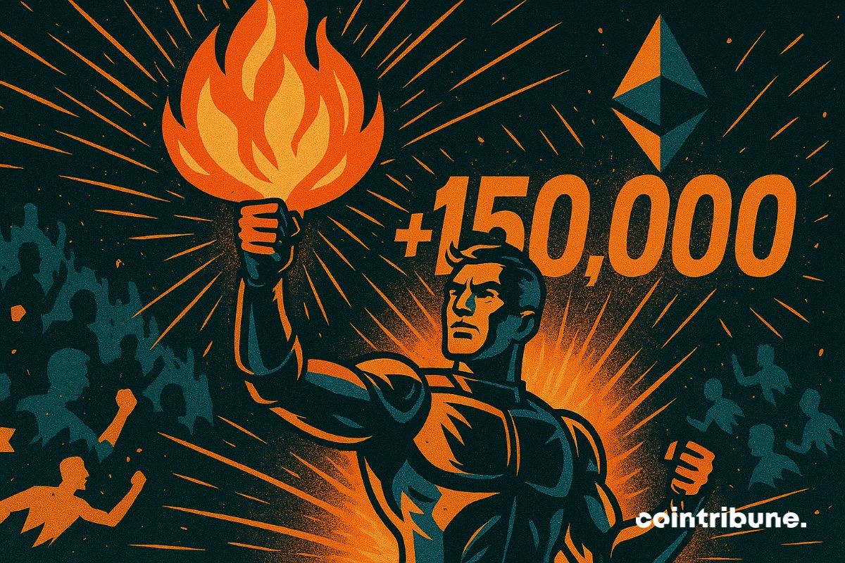 Um validador de Ethereum com uma chama na mão e uma multidão de validadores ao fundo comemorando.