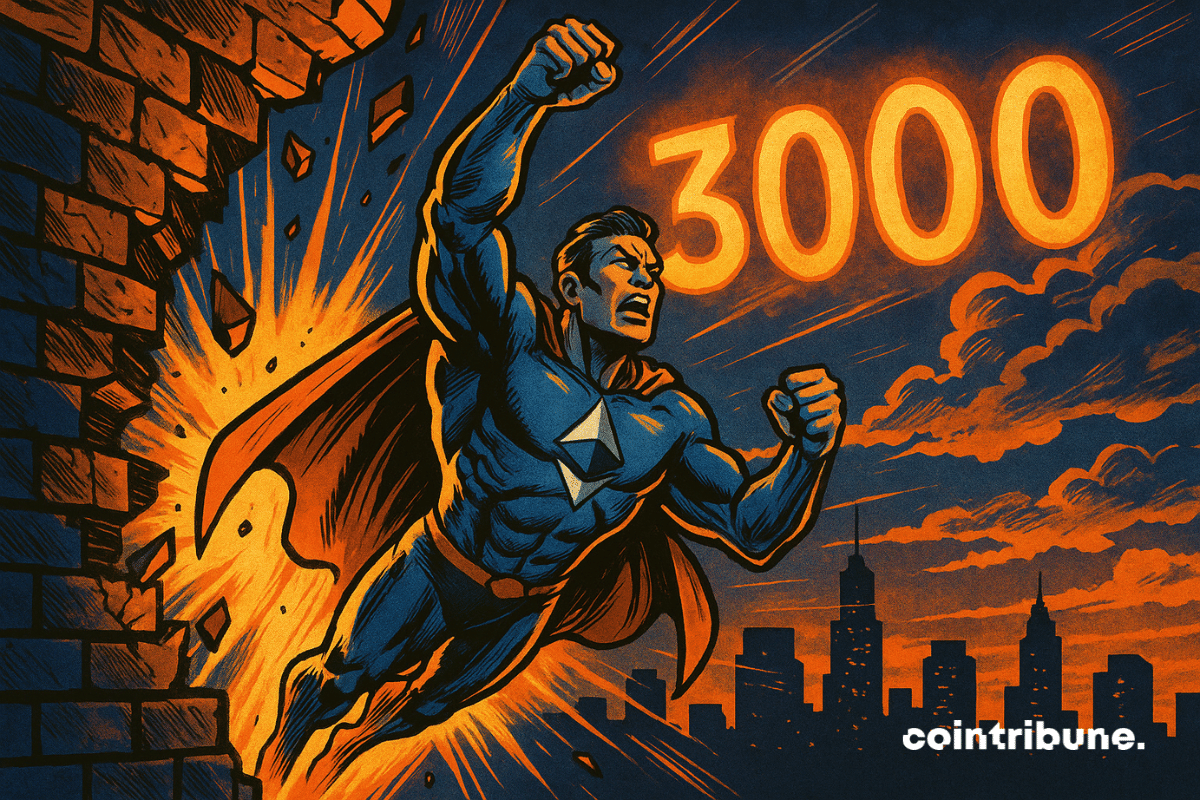 Ethereum personificado como um super-herói (traje azul metálico com o logotipo Ξ no peito). Em pleno voo, punho para frente, expressão determinada.