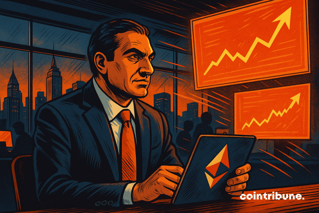 Empresário (Vivek Raman) de terno escuro, postura confiante, ligeiramente inclinado para a frente, expressão determinada e visionária, segurando um tablet exibindo o logotipo do Ethereum