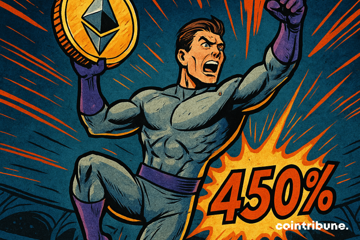 Arena futurista em estilo retrô de história em quadrinhos, tomada em ângulo ligeiramente baixo. Ethereum personificado como um super-herói esguio em um macacão prateado e roxo, saltando com poder.