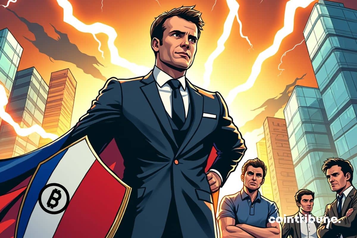 O representante do governo na França com um escudo para proteger os empreendedores de criptomoedas ao fundo.