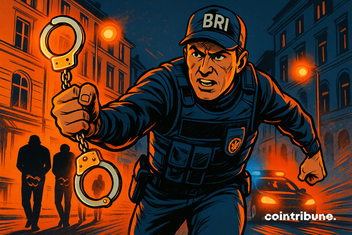 Agente do BRB com equipamento de intervenção, colete à prova de balas, postura dinâmica em movimento, expressão determinada e focada para caçar criminosos de criptomoedas. Algemas brilhantes em sua mão, com figuras algemadas ao fundo.