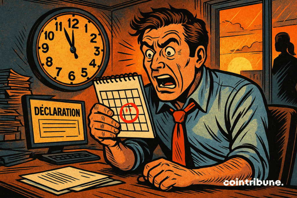 Homme d’environ 40 ans, en chemise froissée, cravate desserrée, fronçant les sourcils, tenant un calendrier dont la date est encerclée en rouge vif. Uune grande horloge murale derrière lui, avec les aiguilles presque à minuit. Dossiers empilés de travers, ordinateur affichant un formulaire d'impôts en France.