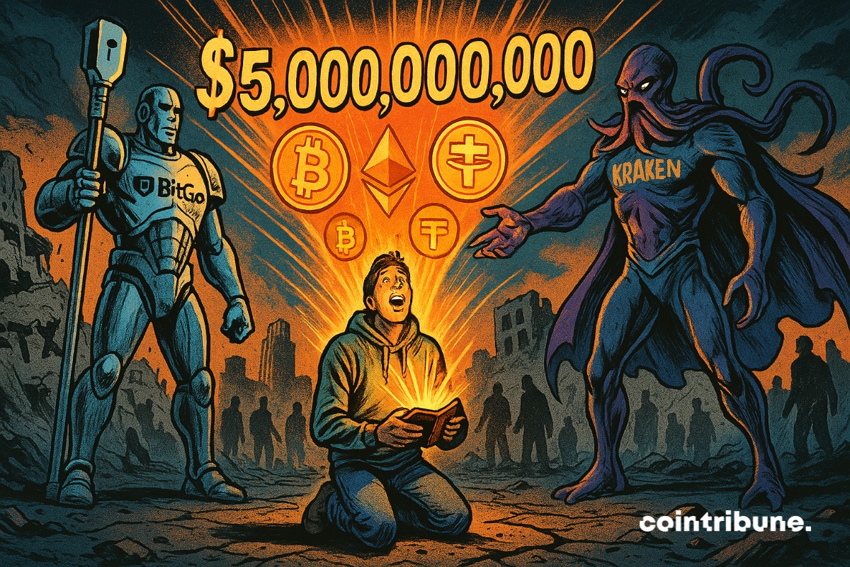 Um ex-investidor de criptomoedas da FTX de joelhos com um portfólio de US$ 5 bilhões e tokens de criptomoedas. Ao lado dele estão duas gigantes, BitGo e Kraken.