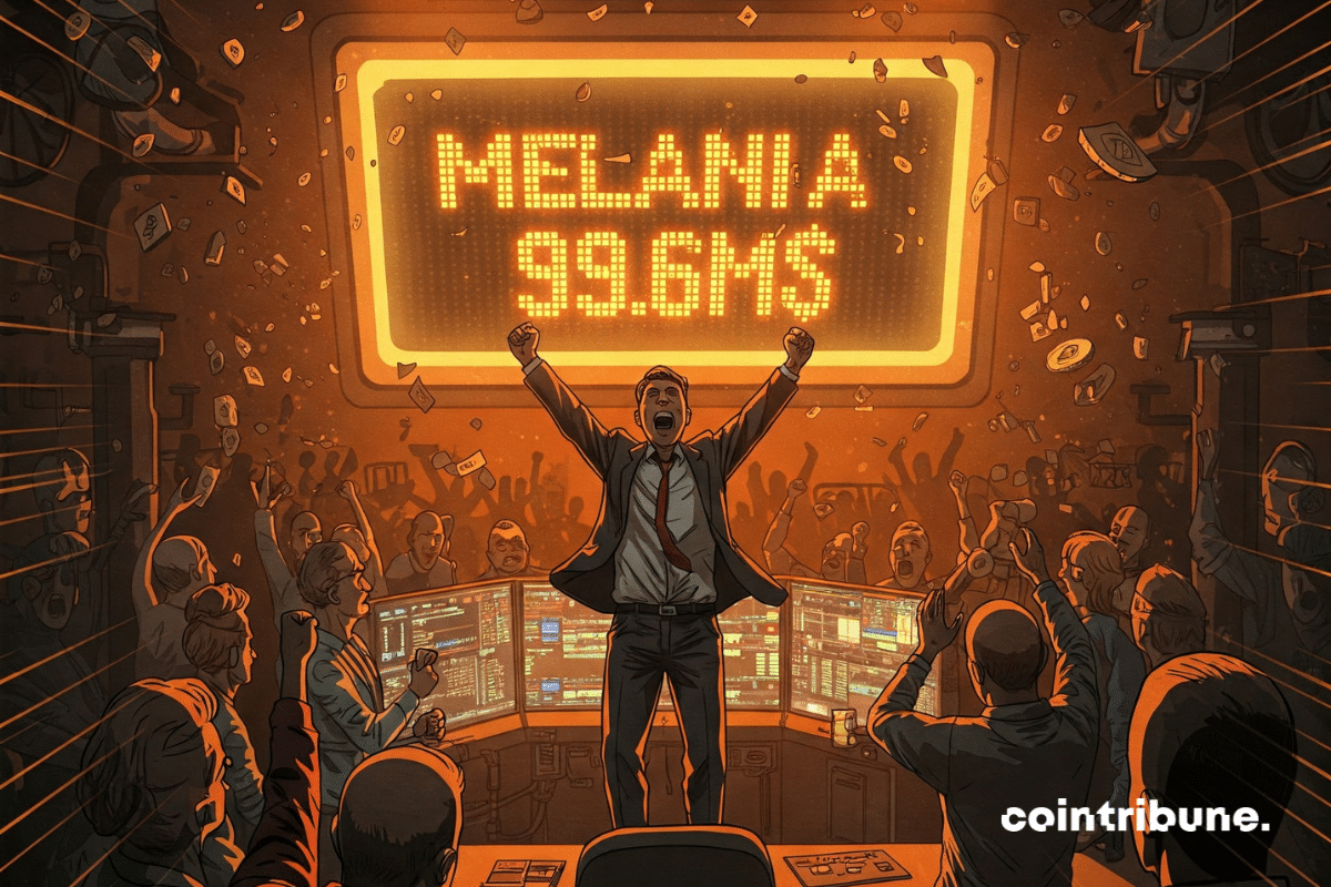 Um operador de criptografia superexcitado em frente a uma tela que exibe “MELANIA - 99.6M$”.