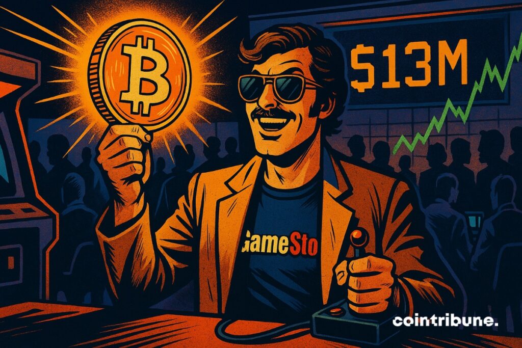 Um gerente da GameStop com uma grande moeda Bitcoin na mão e um controle de videogame, feliz após adquirir US$ 513 milhões em BTC.