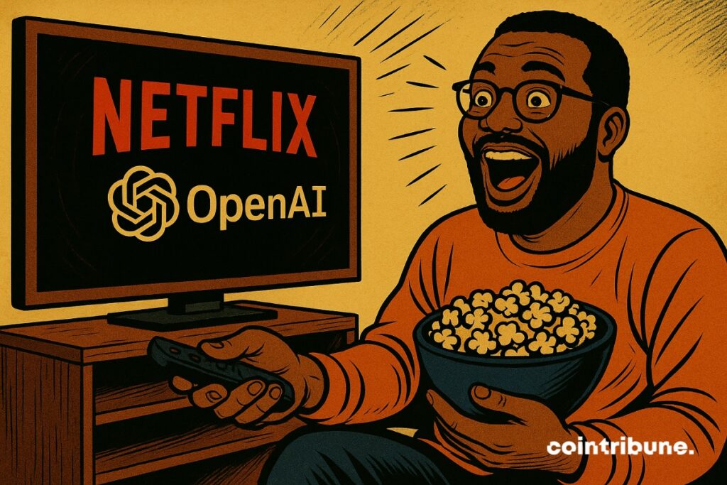 Um usuário da Netflix em frente a uma televisão exibindo o logotipo da Netflix e o da empresa de IA OpenAI… significando a parceria entre as duas entidades.