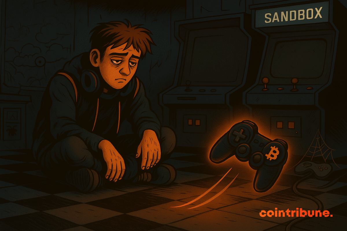 A sad gamer sits alone in a dark arcade marked "Sandbox," as a glowing crypto game controller falls to the floor, surrounded by abandoned arcade machines.