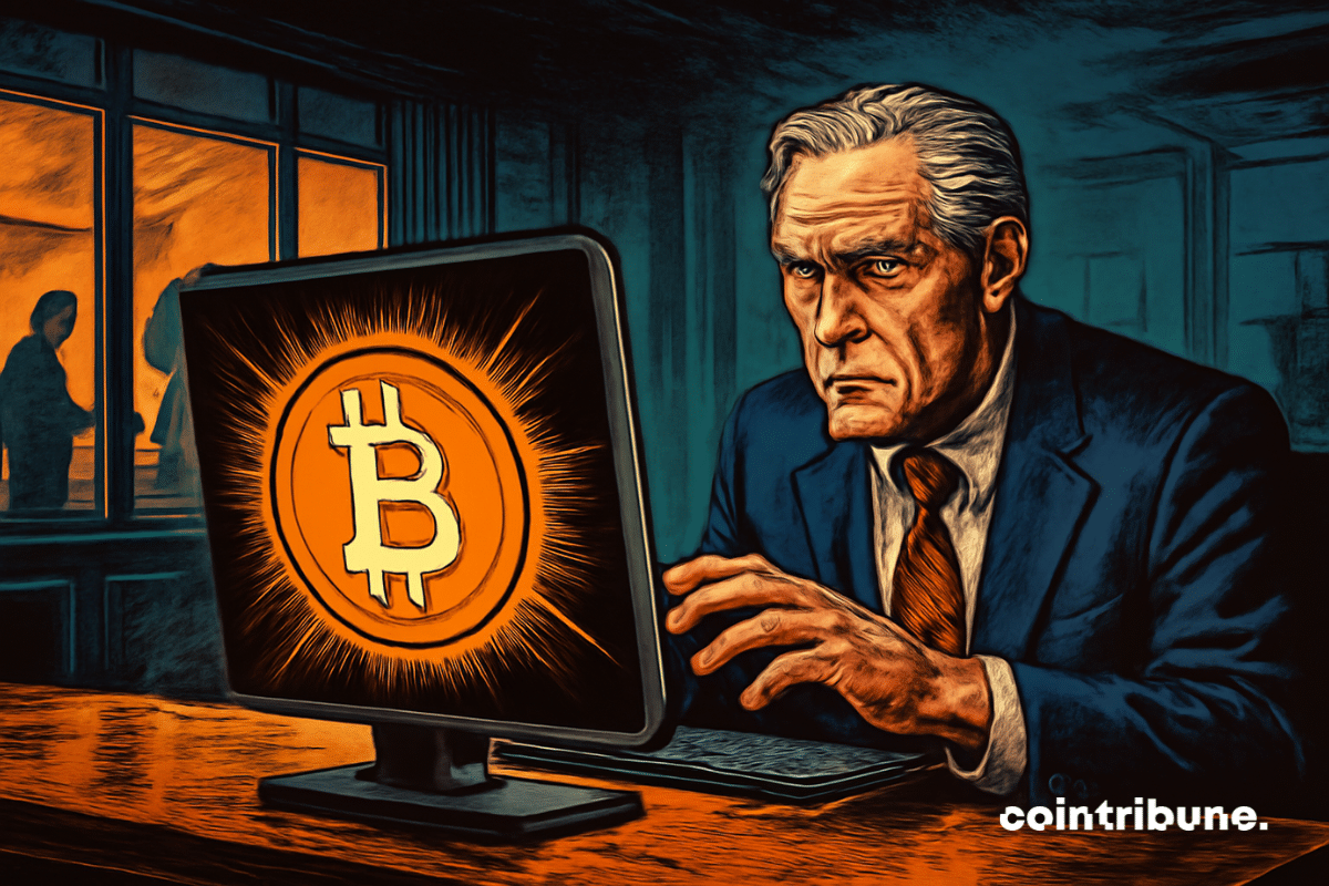 O CEO da JP Morgan está sentado de fato escuro, com o rosto marcado pela hesitação, a olhar para um ecrã onde aparece um grande e brilhante Bitcoin.