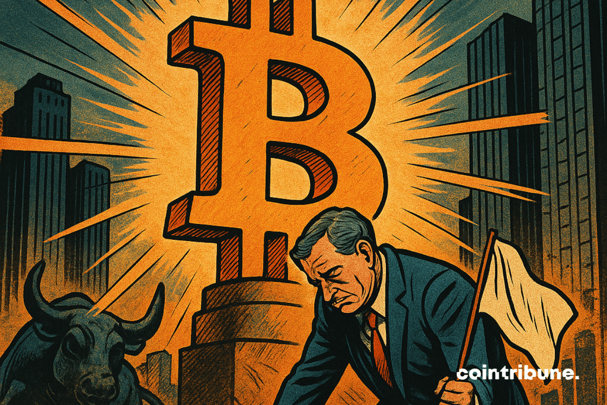 Jamie Dimon cai no chão, parecendo chocado, amarrado a uma pasta da JPM. Um touro cibernético com um logotipo de Bitcoin totalmente carregado.