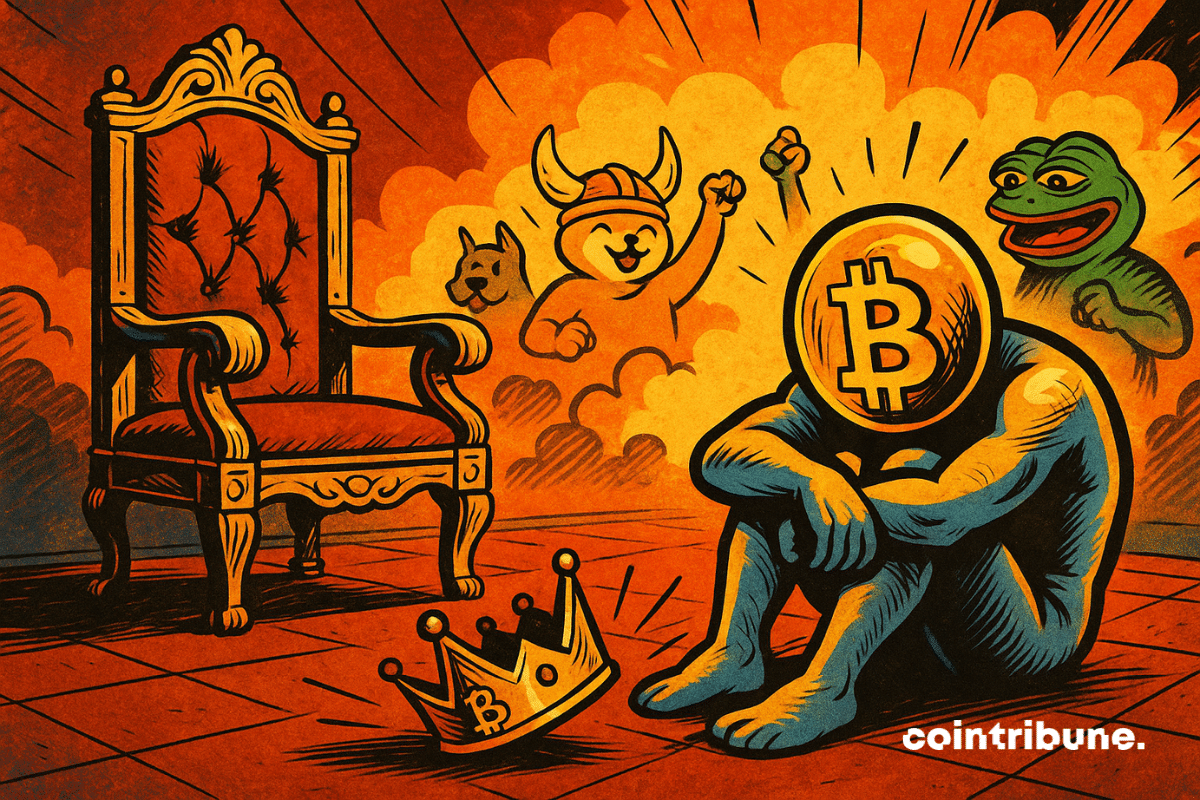 Foto ampla de um trono vazio, no crepúsculo, com luz de ângulo baixo. Uma figura antropomorfizada representando memecoins, uma silhueta dourada/bronze, está sentada no chão, parecendo desiludida. Uma coroa no chão com o logotipo da Bitcoin.