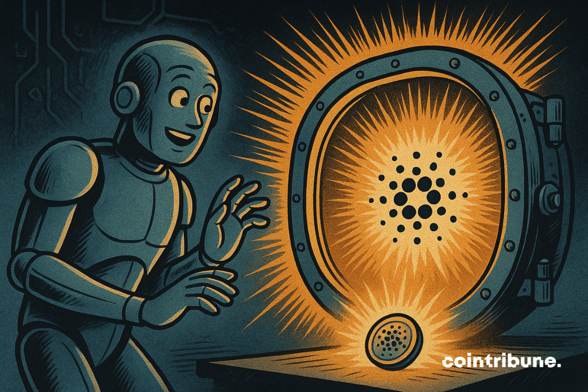 Um robô descobre animadamente um baú brilhante contendo o logotipo da Cardano, irradiando energia intensa em um cenário futurista escuro.