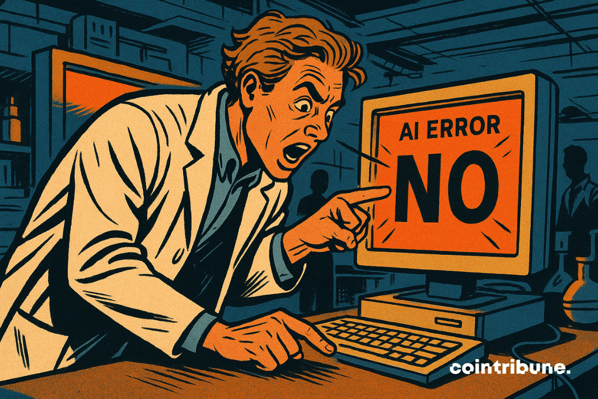 Pesquisador do MIT de jaleco, apontando com expressão de descoberta, inclinado para frente, olhar focado e revelador. Tela de computador mostrando erro de IA com "NÃO" mal interpretado