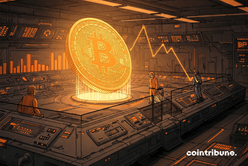 Uma bolsa quase vazia, com apenas alguns operadores e um Bitcoin brilhante flutuando acima