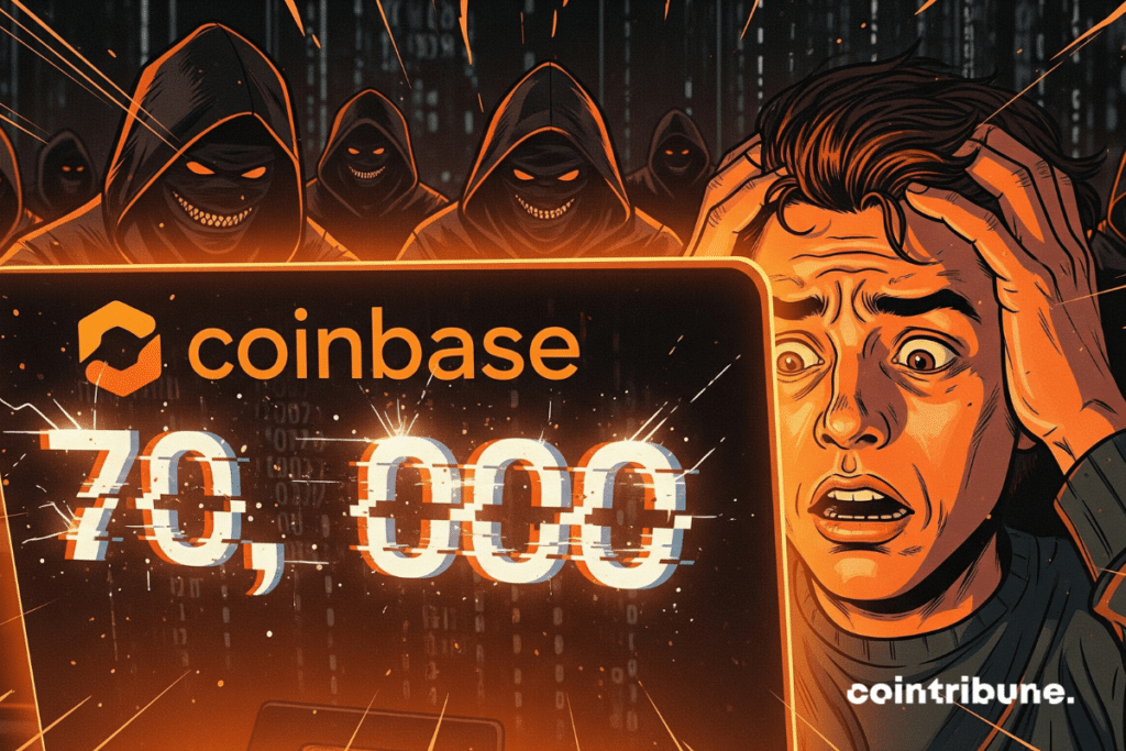 Rosto chocado de um investidor de criptomoedas ao ver a tela da Coinbase exibindo o número 70.000